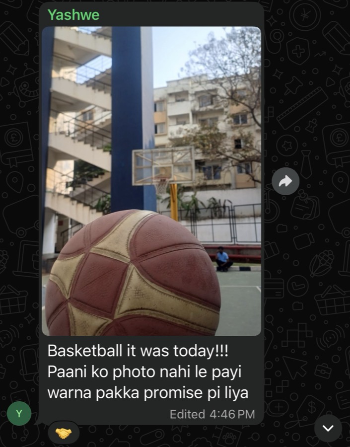 WhatsApp check-in: basketball played today, water bottles forgotten.